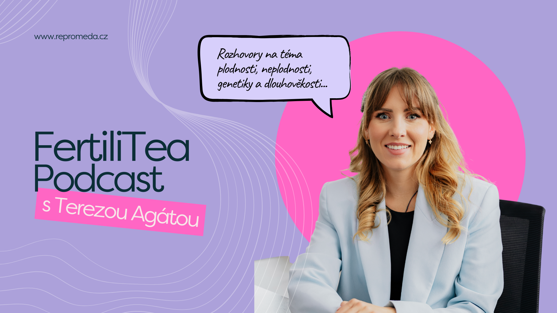 Podcast FertilTea o plodnosti, IVF a reprodukčním zdraví – úvodní grafika s moderátorkou Terezou Agátou Jičínskou.